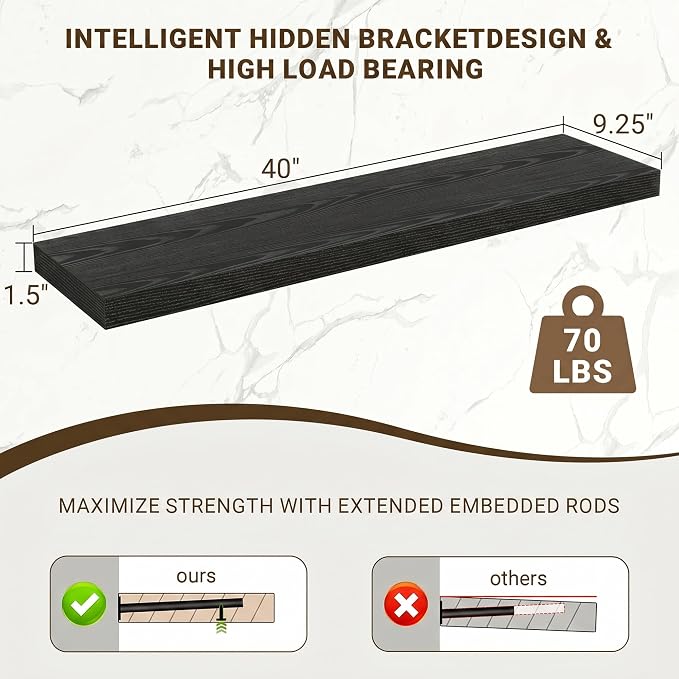 Acovy 40 Inch Floating Shelves, 3D Textured Wood Grain, Wooden Shelves - Image 3