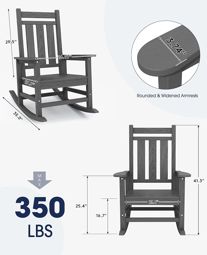 KINGYES Oversized Outdoor Rocking Chair Set of 2, All-Weather Patio Rocking - Image 2