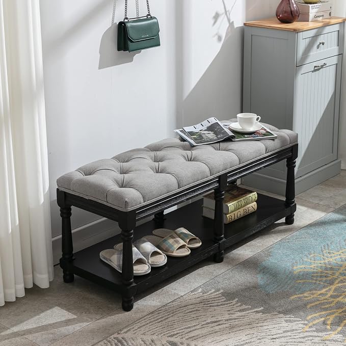 Farmhouse Storage Bench Wooden Entryway Linen Upholstered Ottoman Button Tufted - Image 6