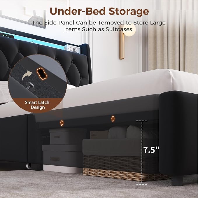 Twin LED Velvet Bed Frame with 2 Storage Drawers&Hidden Headboard, Upholstered - Image 4
