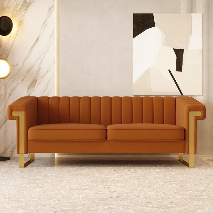 Mid-Century Modern Orange Velvet Sofa by yunqishiHOME