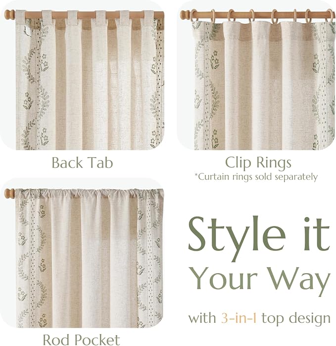 jinchan Belrose Linen Curtains for Bedroom Floral Curtains 108 Inch Length - Image 6