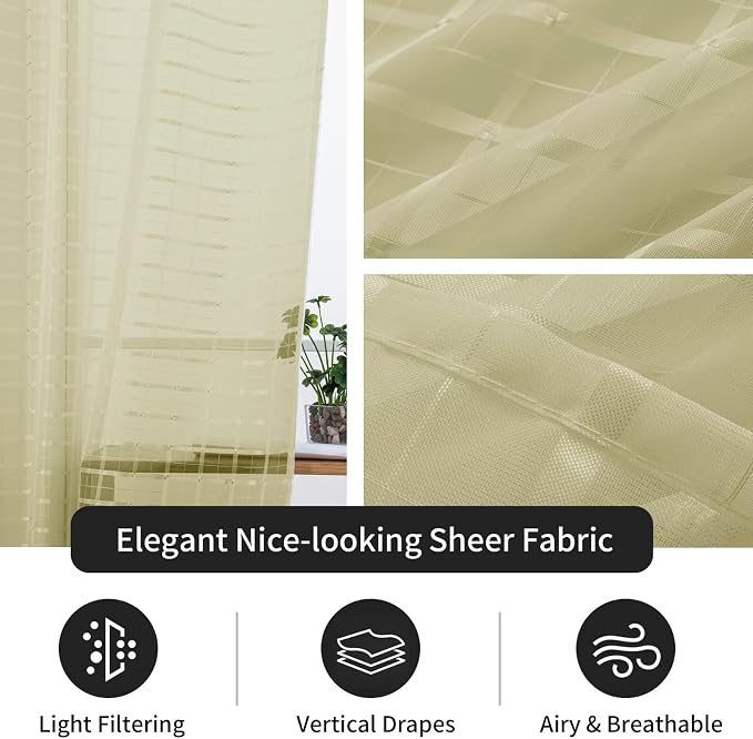 SpaceDresser Check Sheer Curtains 96 Inches 2 Panels Set, Rod Pocket Plaid - Image 5