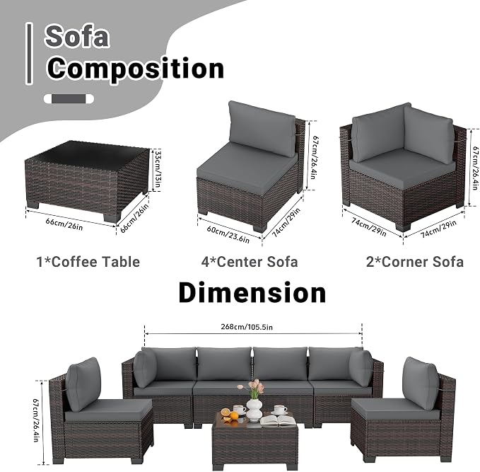 CHABATREE 7pcs Outdoor Patio Furniture Sets, Rattan Conversation Sectional Set - Image 2