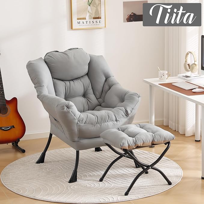 Tiita Lazy Chair with Ottoman, Light Grey Modern Large Accent Chair, Comfy - Image 6