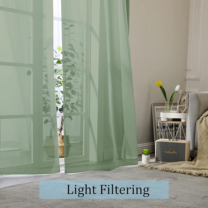 OWENIE Sheer Curtains 90 Inches Long 2 Panels Set, Sage Green Sheer Curtains - Image 2
