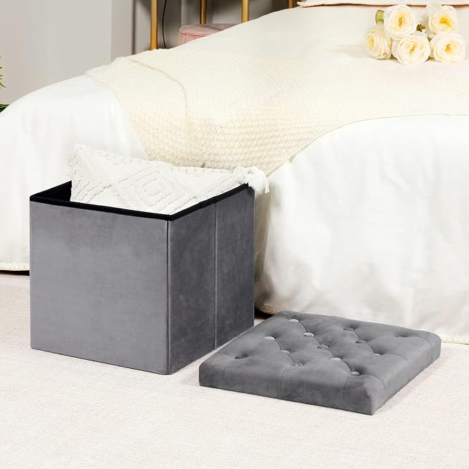 B FSOBEIIALEO Storage Ottoman Cube, Velvet Tufted Folding Ottomans - Image 2