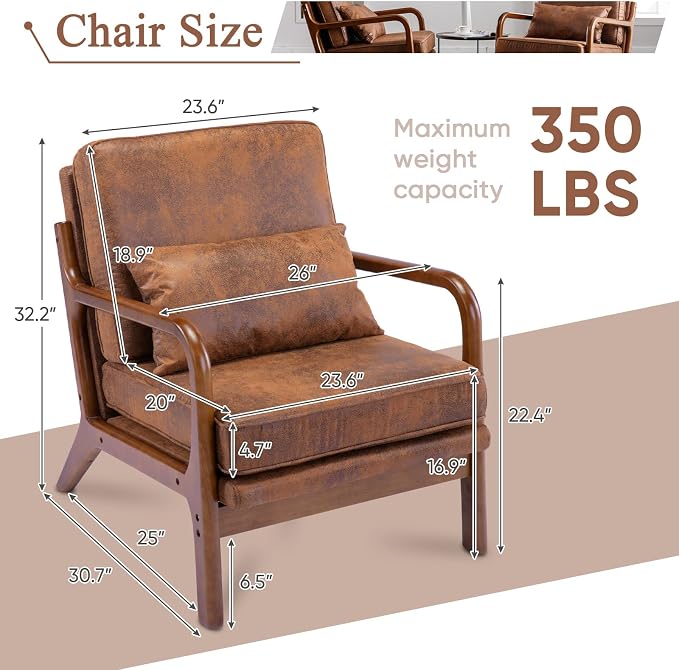 Mid Century Modern Brown Accent Chair Living Room- Comfy Solid Wood Arm Chair - Image 2
