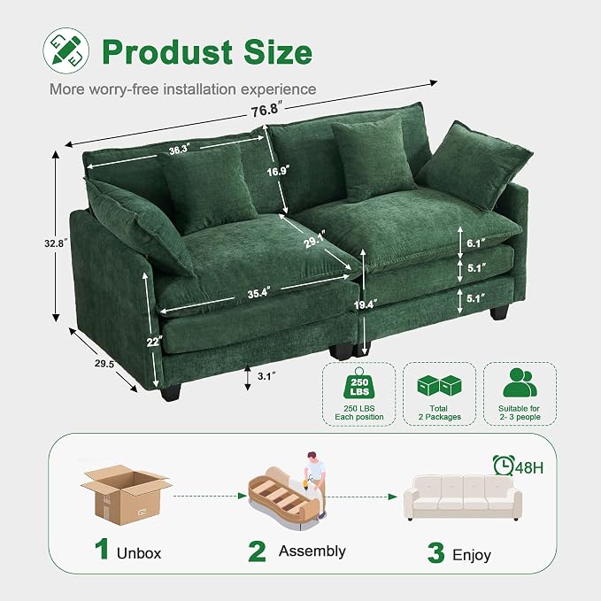 77" Cloud Chenille Sofa Set - Image 2
