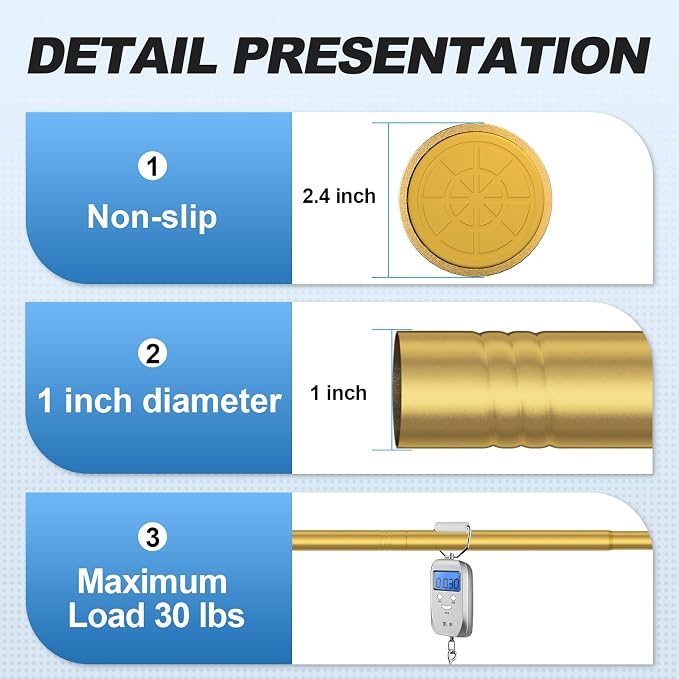 CorkLatta Gold Shower Curtain Rod 31 to 104 Inch, 1 Inch Diameter Adjustable - Image 3