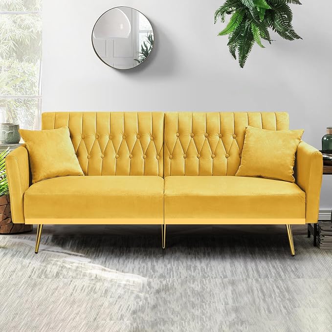 70” Velvet Futon Sofa Bed w/Adjustable Armrests & 2 Pillows, Convertible Futon - Image 2