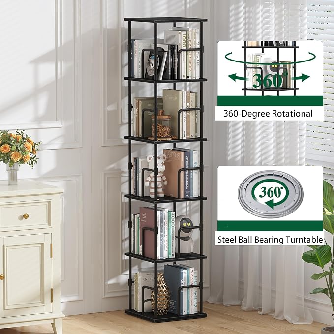 5-Tier Rotating Bookshelf, Freestanding Corner Bookshelf Industrial Style - Image 4