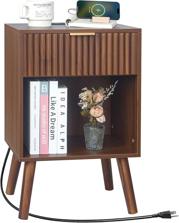 Fultyle Nightstand with Charging Station, Fluted Night Stand with USB and Type by Fultyle