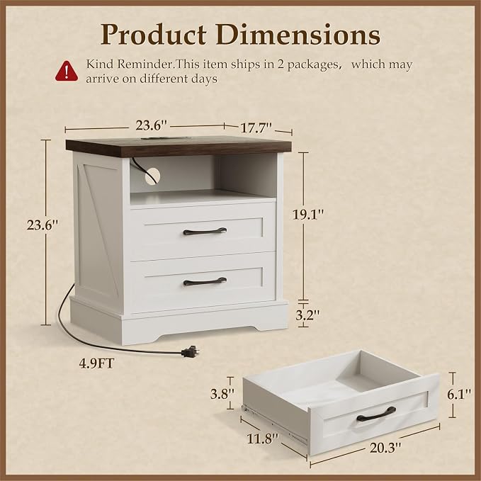 AODK 24 Inch Farmhouse Nightstand Set of 2, Bedside Tables - Image 2