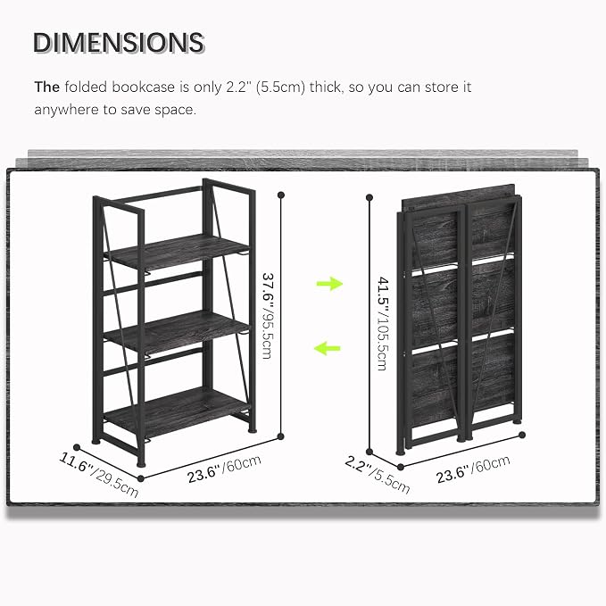 4NM No Assembly Folding Bookshelf Storage Shelves 3 Tiers Vintage Bookcase - Image 2