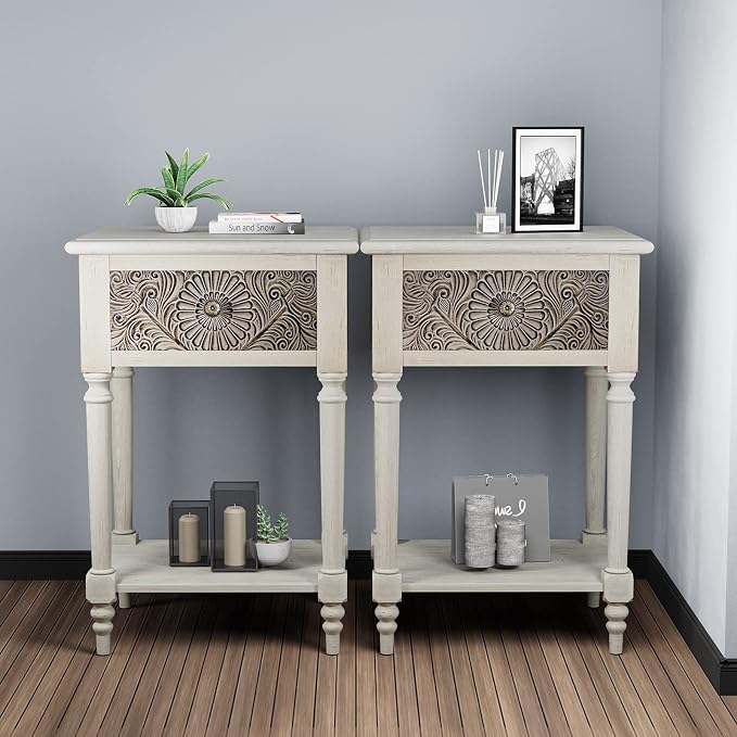 HOMPUS End Table Set of 2 with Drawer and Shelf, Vintage Nightstand Set 2 w - Image 4