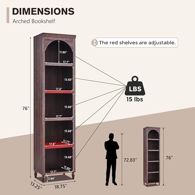 IFGET 76" Tall Arched Bookcase, Farmhouse 5 Tiers Narrow Arched Bookshelf - Image 2