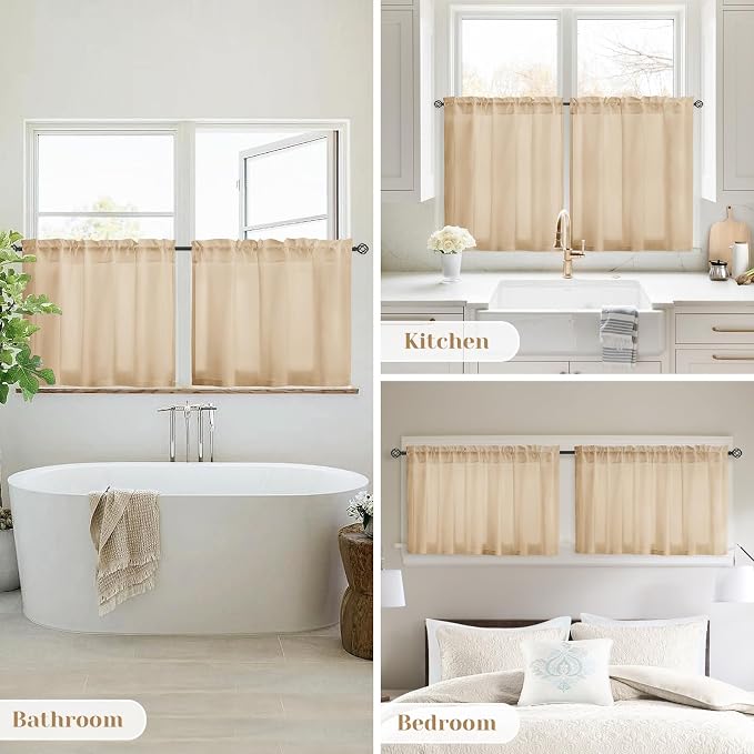 HOMEIDEAS Non-See-Through Beige Privacy Sheer Kitchen Curtains, 30 X 36 Inches - Image 8