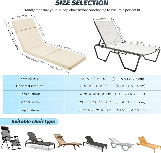 2 Pcs Outdoor Chaise Lounge Cushion 72" x 21" x 3", 4-Section Folding Patio - Image 3