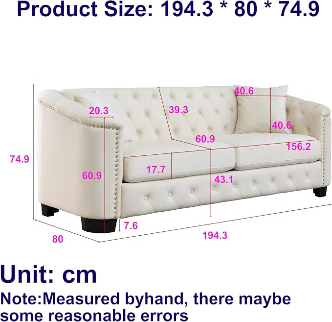 2 Piece Modern Chesterfield Velvet 77" 3-Seater Sofa Set, Upholstered Tufted - Image 2