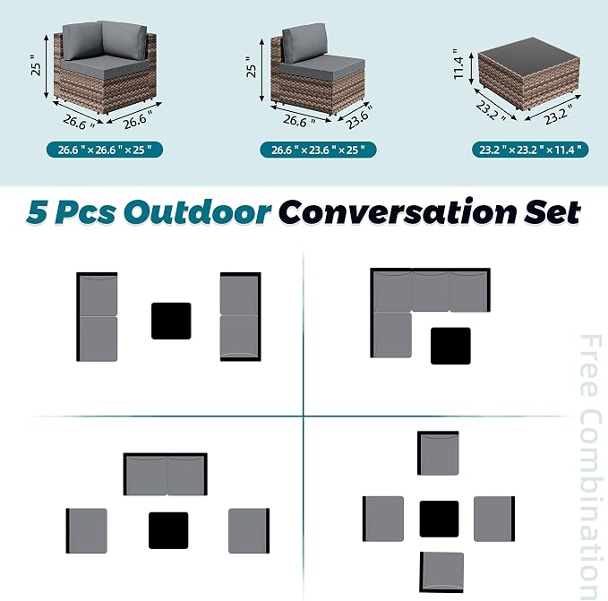 SUNLEI 5 Piece Patio Furniture Sets, Low Back All-Weather Rattan Sectional Sofa - Image 5