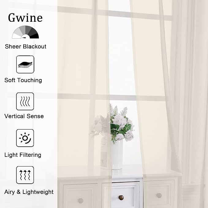 Gwine Cream Sheer Curtains 108 Inches Long 2 Panels Set, Voile Light Filtering - Image 2