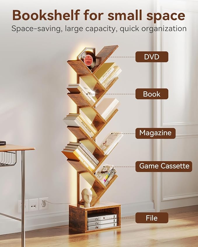 Casaottima Tree Bookshelf with LED Lights, 8-Tier Narrow Bookcase - Image 4