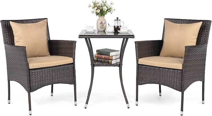 Tangkula 3 Pieces Patio Wicker Bistro Set, 2 Rattan Chairs w/ 2-Tier Tempered by TANGKULA
