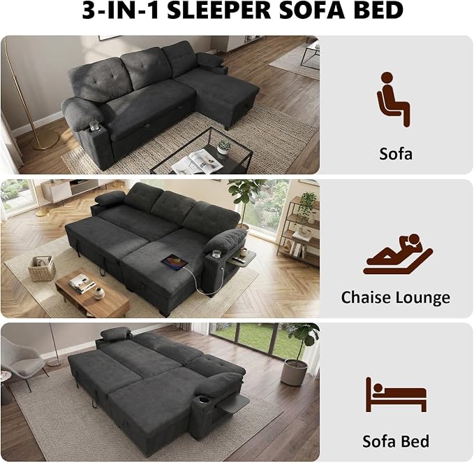 93" L Shaped Sleeper Sofa Bed, Pull Out Sectional Couch - Image 4