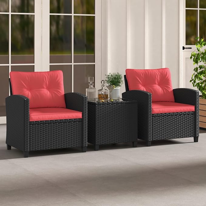 HAPPYGRILL 3 Pieces Wicker Patio Conversation Set, PE Rattan Bistro Sofa Set - Image 4