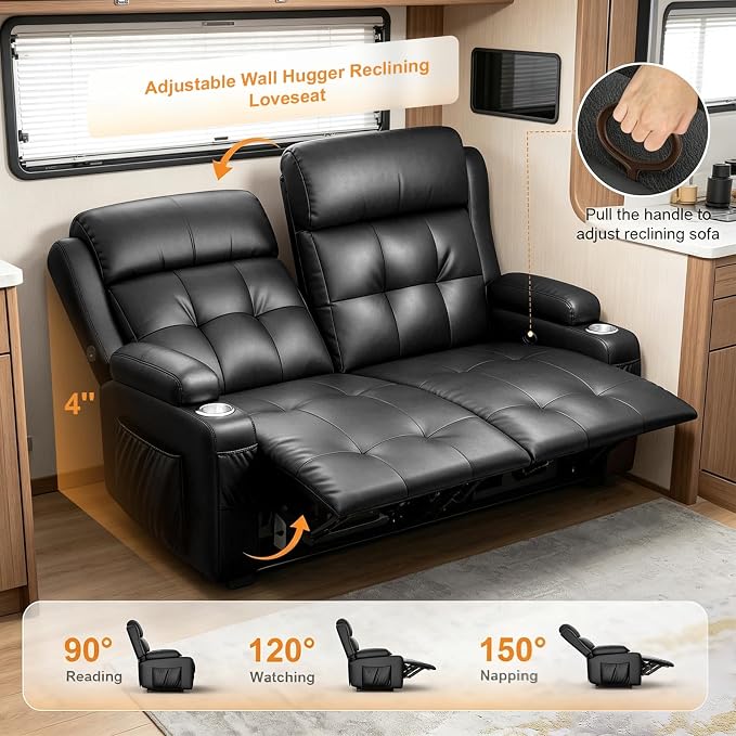 Reclining Loveseat, 55.1" RV PU Leather Wall Hugger Recliner Love Seats Sofa - Image 5