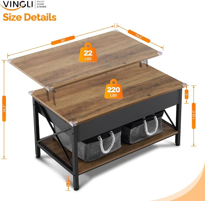 VINGLI 36" Lift Top Coffee Table - Image 2