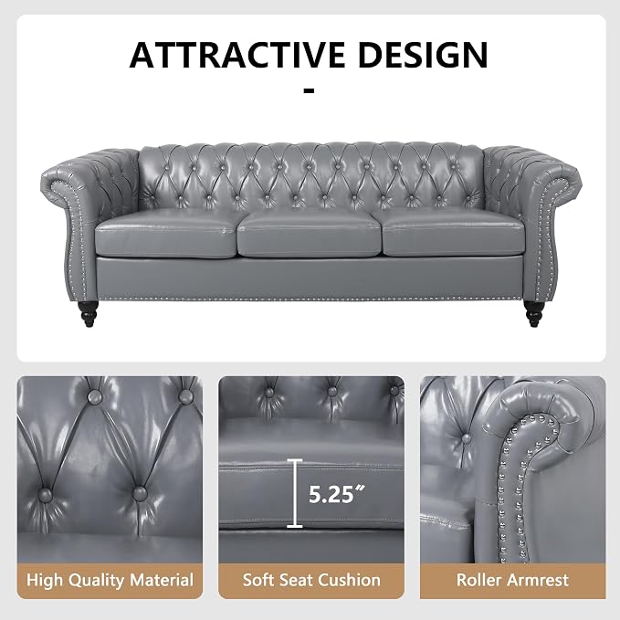 AVZEAR Chesterfield Leather Sofa 3 Seater Couch, Mid-Century Large Sofa Roll - Image 4