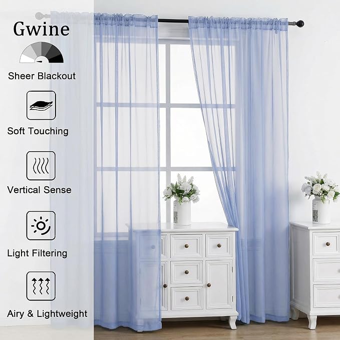 Gwine Denim Blue Sheer Curtains 72 Inches Long 2 Panels Set, Light Filtering - Image 2