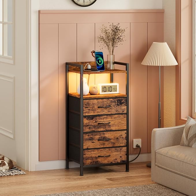 Furnulem Night Stand with Charging Station and Led Light, 4 Drawer Dresser - Image 6
