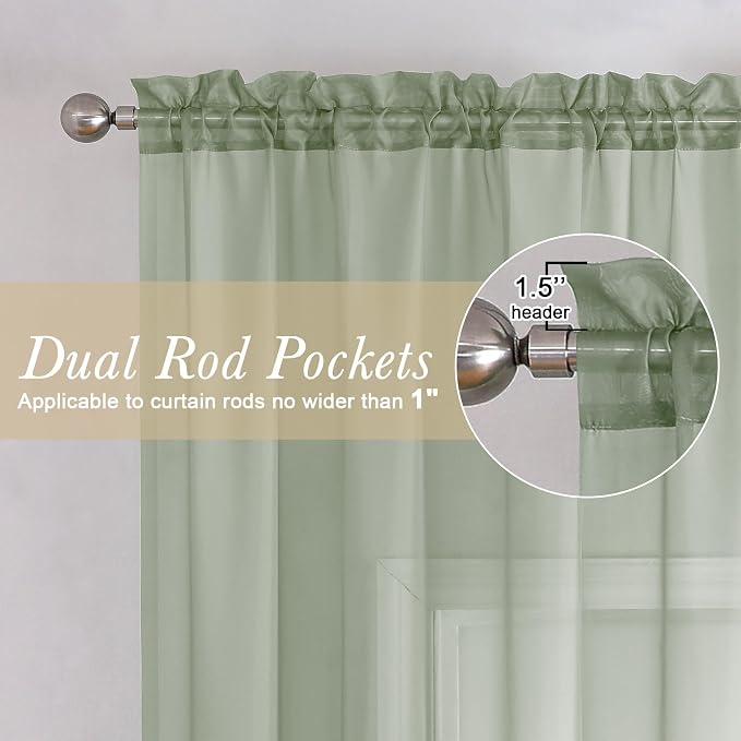 Lecloud Sage Green Sheer Curtains 72 Inches Long 2 Panels Set, Rustic Voile - Image 2