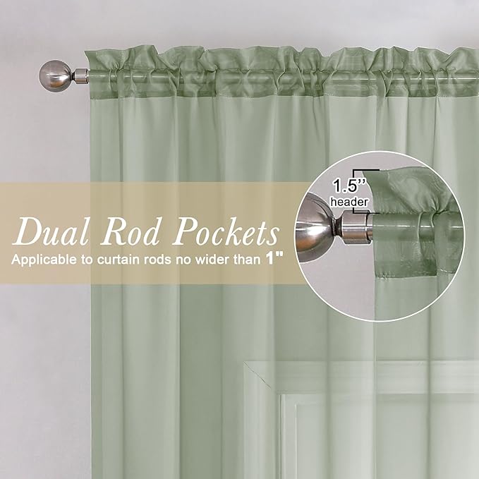 Lecloud Sage Green Sheer Curtains 45 Inch Long 2 Panels, Short Voile Drapes - Image 2