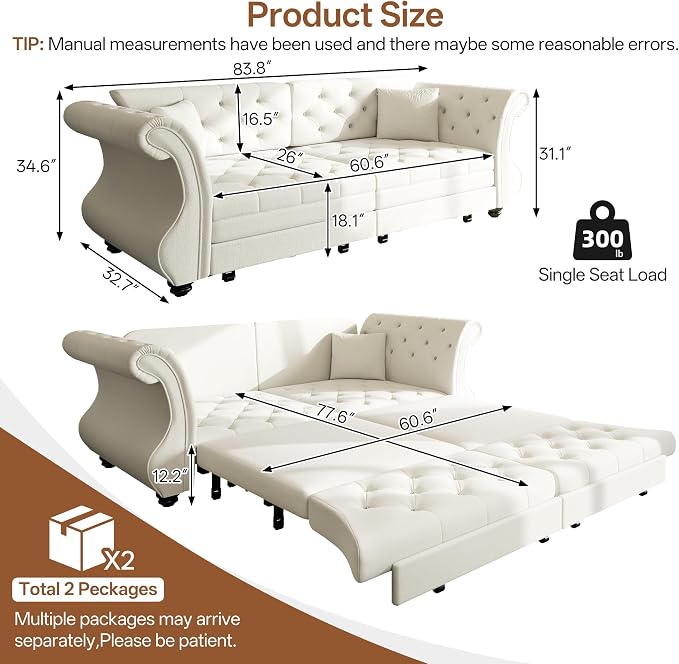 83.8" Oversized Pull Out Sofa Bed, Chesterfield Velvet Sleeper Sofa Couch - Image 2