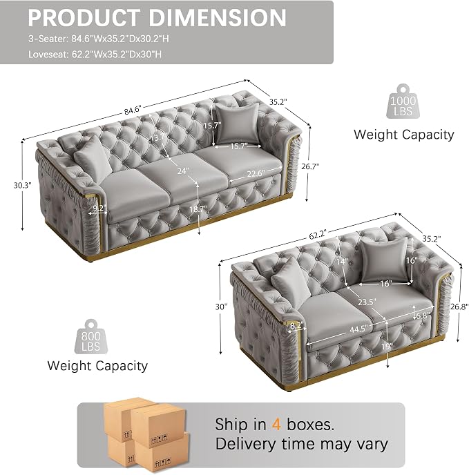 2 Piece Velvet Chesterfield Sofa Luxury Tufted Sofa Black and Gold Couch Set - Image 2