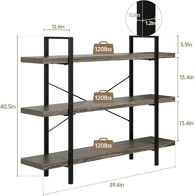 OtterOasis Heavy Duty 3-Tier Industrial Bookcase, 120lbs Shelf Capacity - Image 2