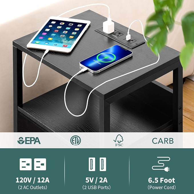 Yoobure Nightstand with Charging Station, LED Night Stand with Fabric Drawers - Image 7