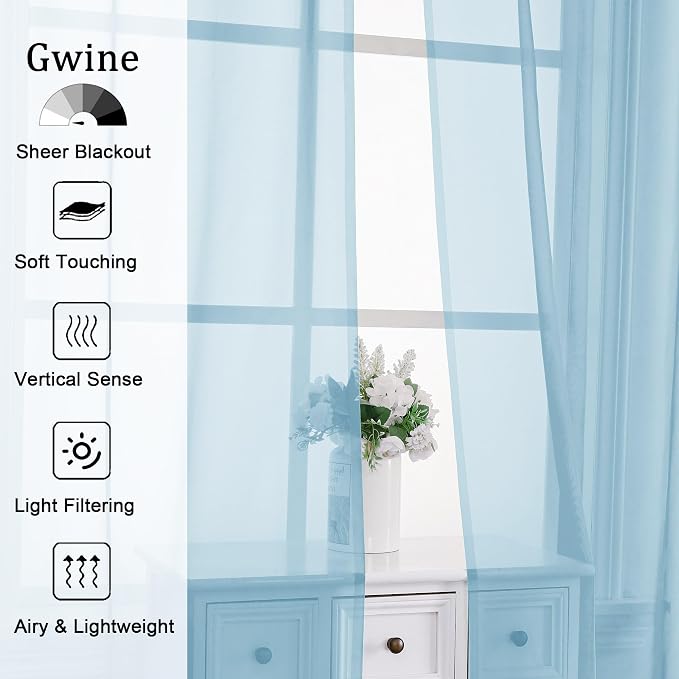 Gwine Sky Blue Sheer Curtains 96 Inches Long 2 Panels, Elegant Window - Image 2