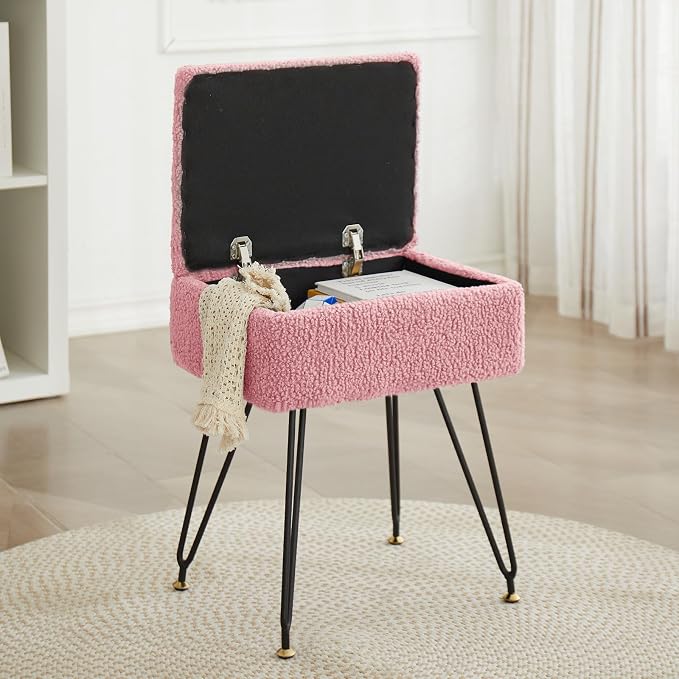 Vanity Stool Chair, Faux Teddy Fur Ottoman Foot Stool by Leesingdo