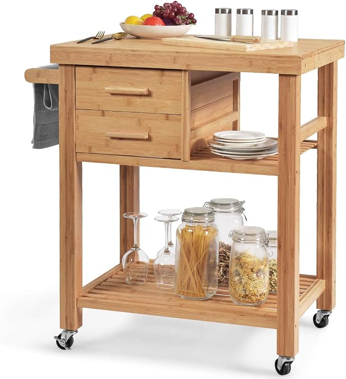 Giantex Kitchen Island, Bamboo Island Cart, Kitchen Trolley Cart on Wheels - Image 9