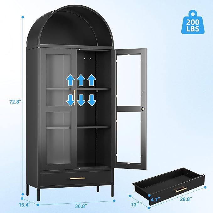 Arched Cabinet with Glass Doors, Modern Kitchen Pantry Cabinet with 2 - Image 3