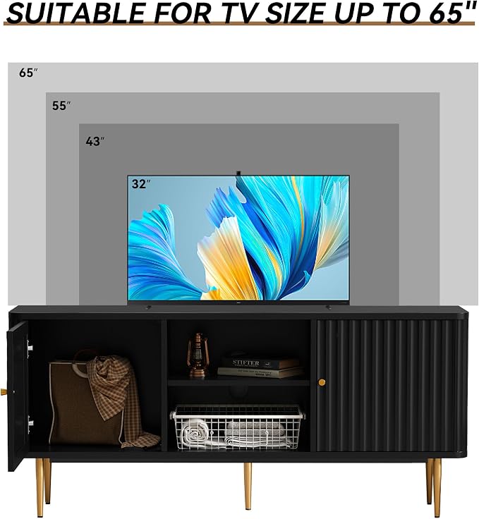 ARTPOWER 55” Fluted TV Stand, Mid Century Modern Black TV Stand - Image 3