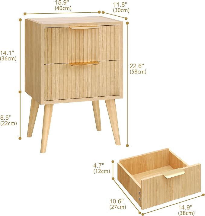 YAUKOMEL Fluted Nightstand, Small Bedside Table, Natural Wood Night Stand - Image 3