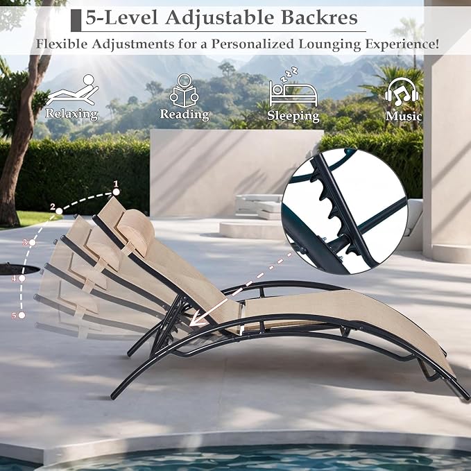 EROMMY Outdoor Chaise Lounge Set of 3, Reclining Patio Chairs - Image 5