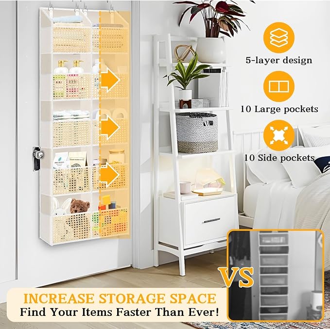 Over The Door Organizer 5 Tiers, Extra Large Behind Door Storage of 10 - Image 3