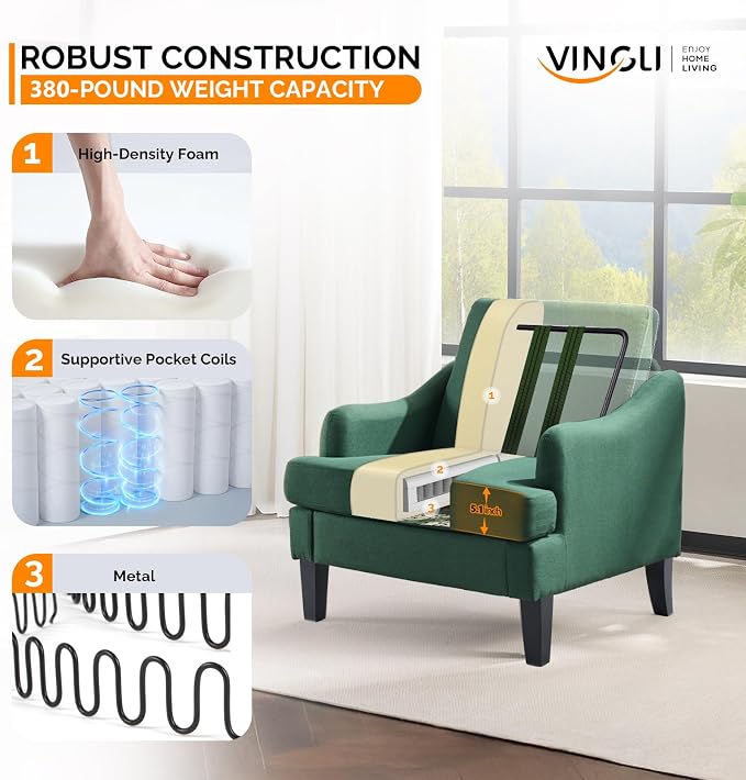 VINGLI Linen Fabric Accent Chair Green, Modern Upholstered Armchair, Comfy Sofa - Image 4